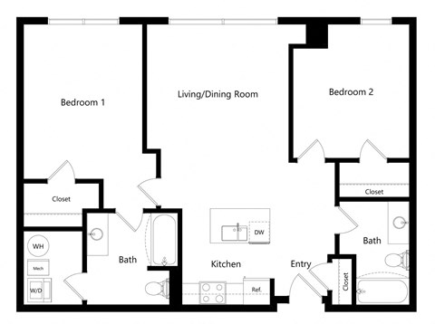 the two-bedroom Portland floor plan at Midtown Crossing Apartments in Omaha, NE